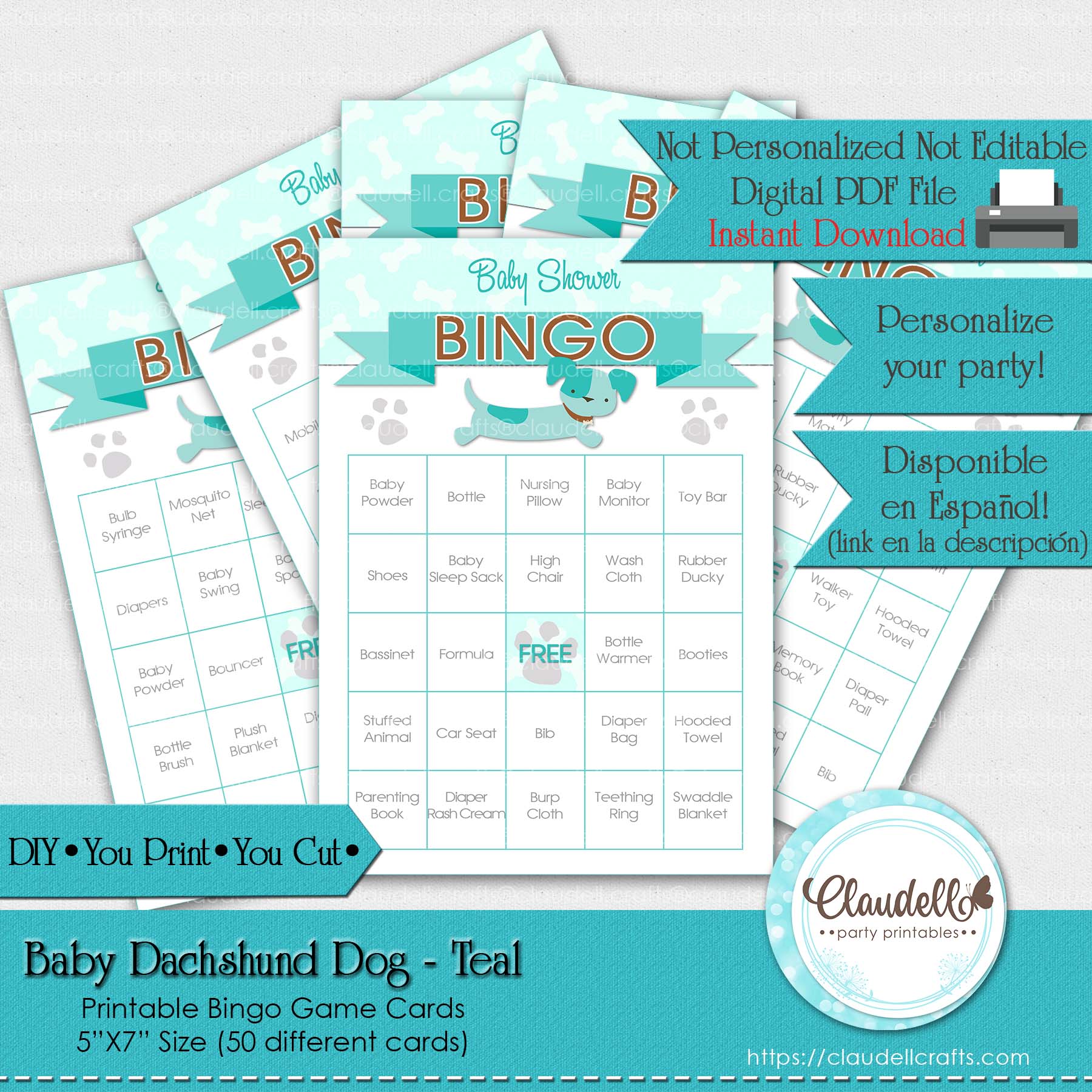 Baby Dachshund Dog - Teal 50 Baby Shower Game Bingo Cards (Filled) Party Favors/Digital File Only