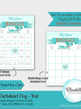 Baby Dachshund Dog - Teal 50 Baby Shower Game Bingo Cards (Filled) Party Favors/Digital File Only
