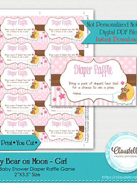 Baby Bear on Moon - Girl Pink Diaper Raffle Baby Shower Game Card/Digital File Only