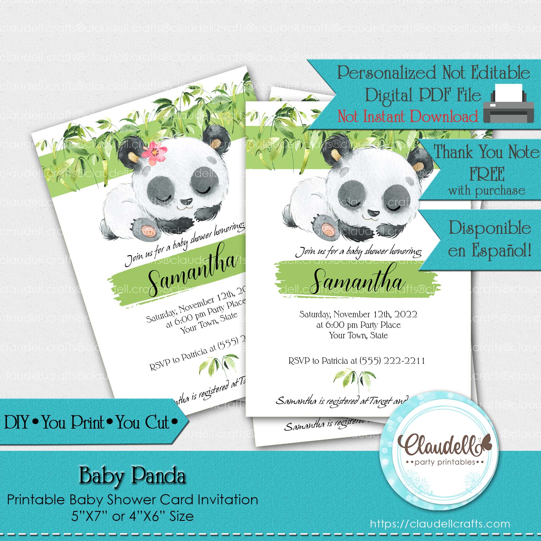 Baby Panda Baby Shower Invitation Card, Baby Shower Jungle/Digital File Only