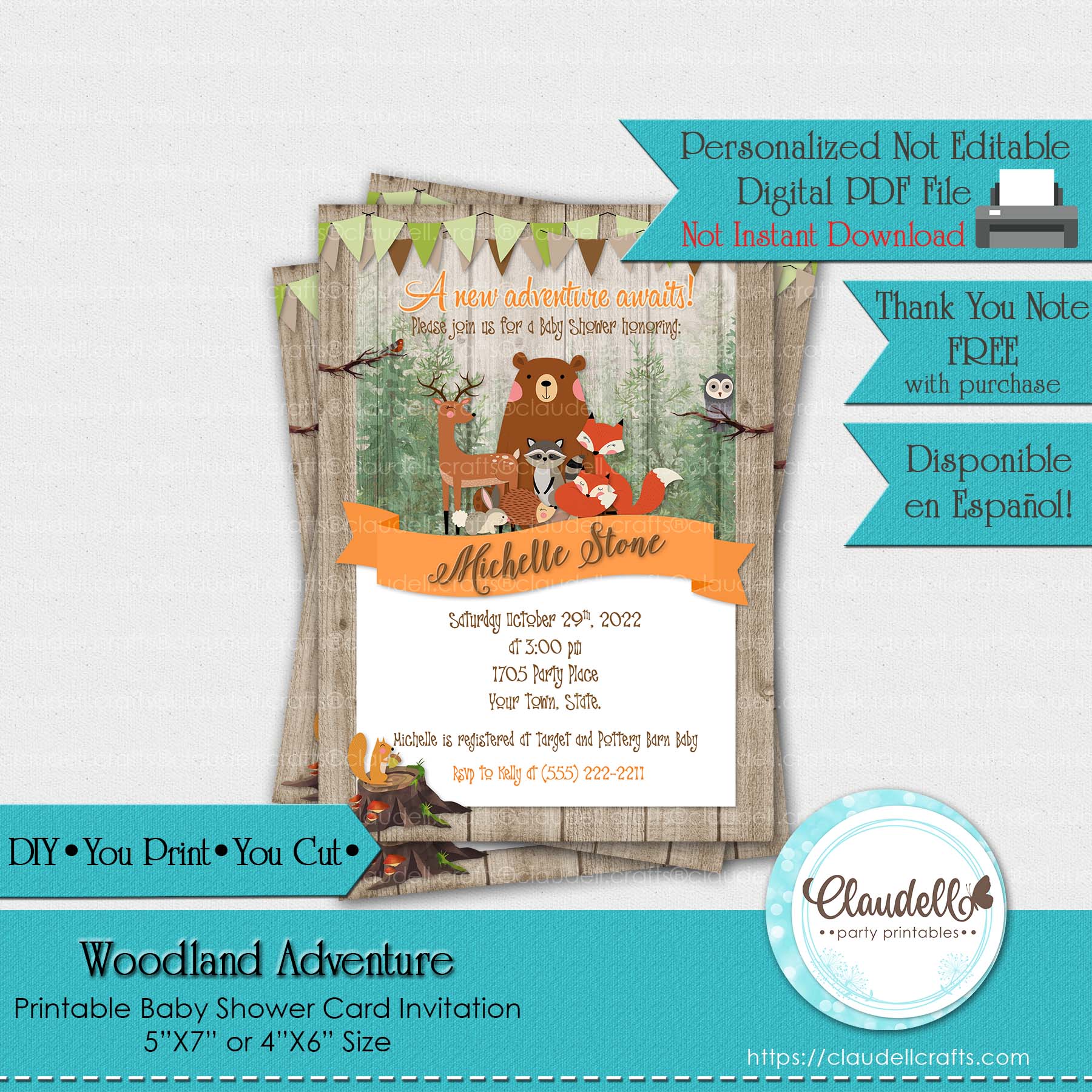 Baby Woodland Adventure Baby Shower Invitation Card/Digital File Only