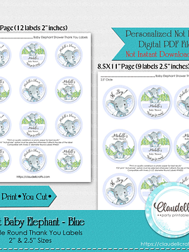 Sweet Baby Elephant - Blue Pink Purple Baby Shower Thank You Round Labels Party Favors/Digital File Only
