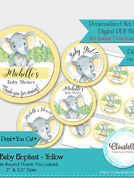 Sweet Baby Elephant - Neutral Yellow Mint Green Gray Baby Shower Thank You Round Labels Party Favors/Digital File Only