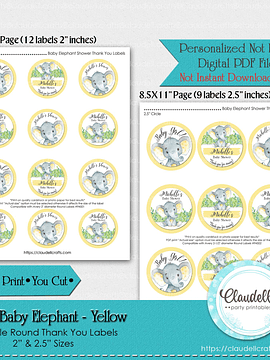 Sweet Baby Elephant - Neutral Yellow Mint Green Gray Baby Shower Thank You Round Labels Party Favors/Digital File Only