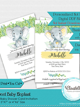Sweet Baby Elephant - Neutral Yellow Mint Green Gray Baby Shower Invitation Card/Digital File Only