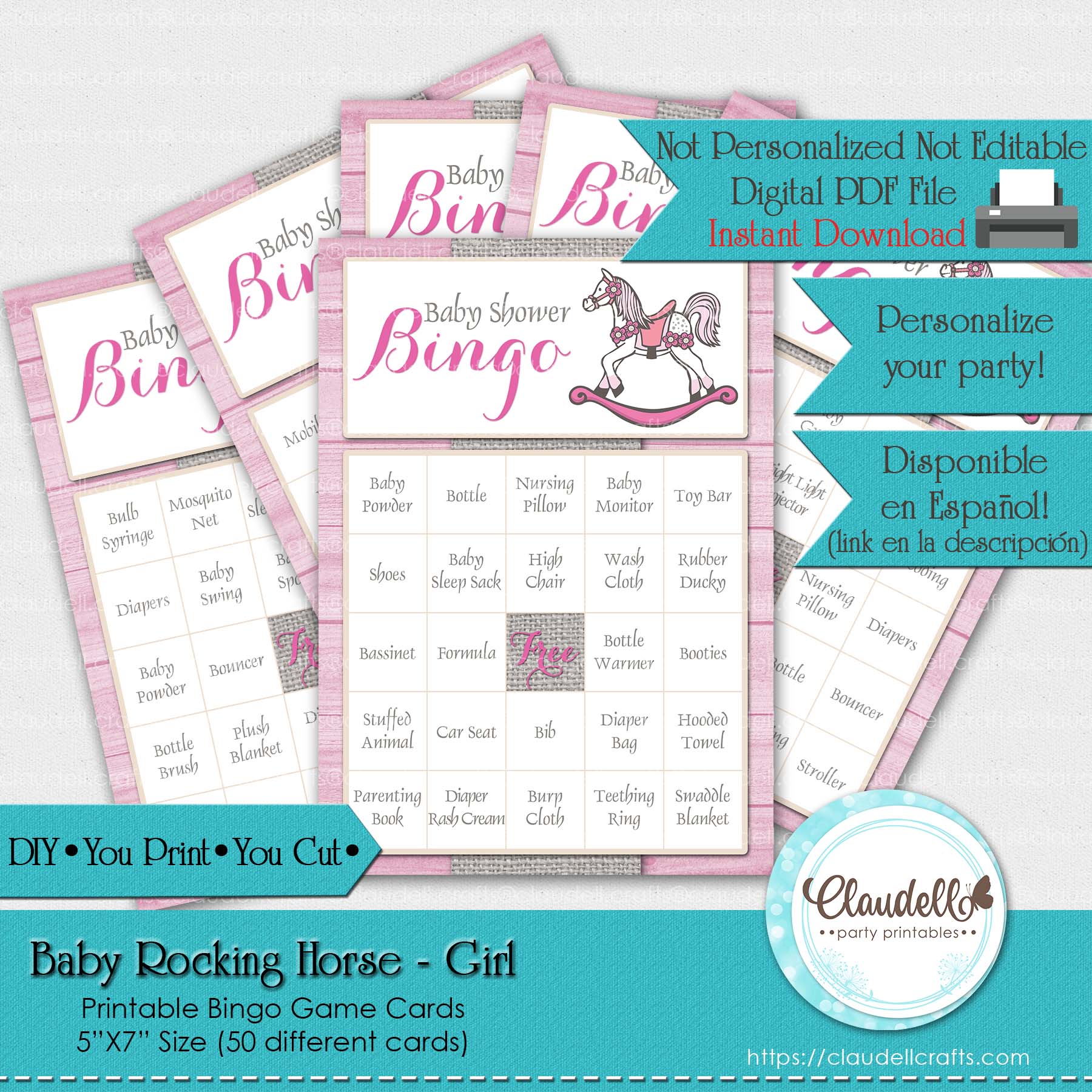 Baby Rocking Horse - Pink 50 Baby Shower Game Bingo Cards (Filled) Party Favors/Digital File Only
