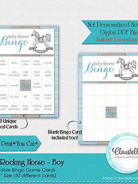 Baby Rocking Horse - Blue 50 Baby Shower Game Bingo Cards (Filled) Party Favors/Digital File Only