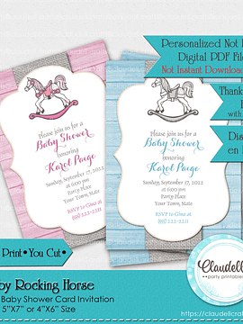 Baby Rocking Horse - Blue Pink Baby Shower Invitation Card/Digital File Only
