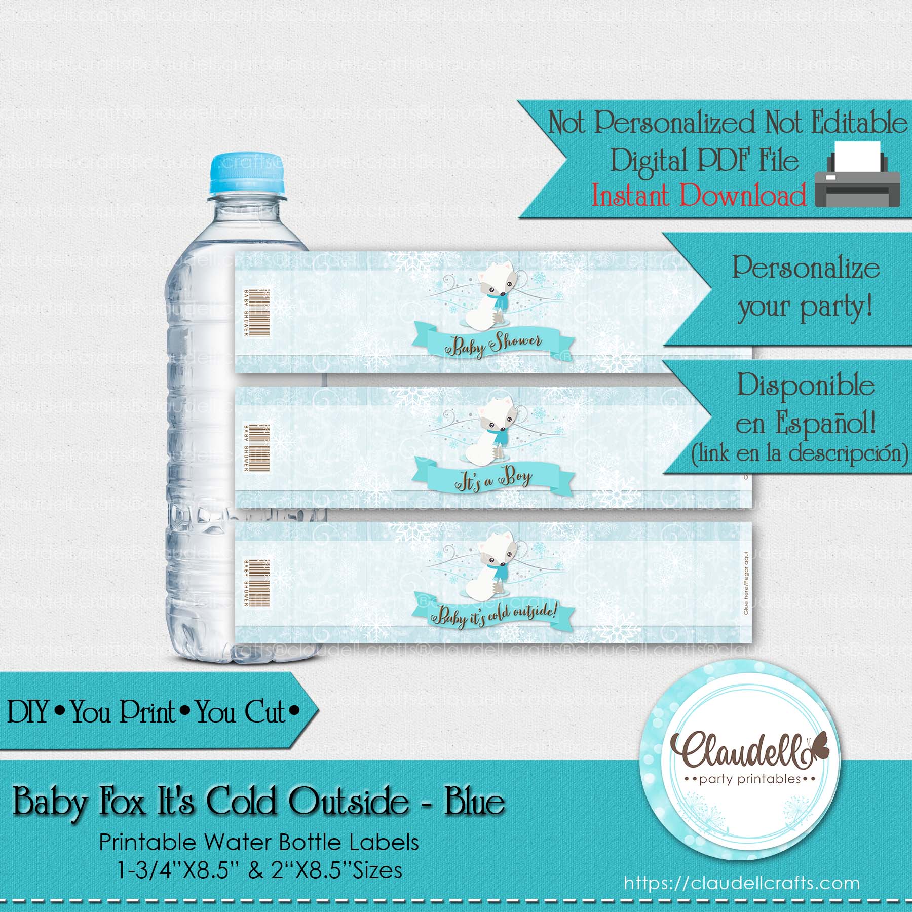 Baby Fox Its Cold Outside - Blue Baby Shower Water Bottle Wrapper Label/Digital File Only