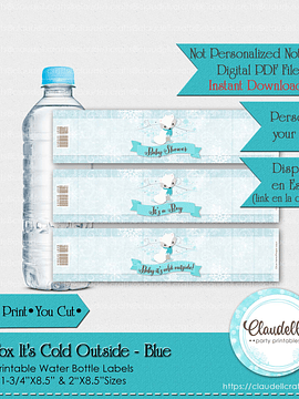 Baby Fox Its Cold Outside - Blue Baby Shower Water Bottle Wrapper Label/Digital File Only