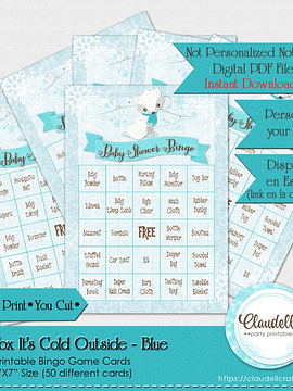 Baby Fox Its Cold Outside - Blue 50 Baby Shower Game Bingo Cards (Filled) Party Favors/Digital File Only