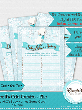 Baby Fox Its Cold Outside - Blue ABC Baby Names Baby Shower Game Card/Digital File Only