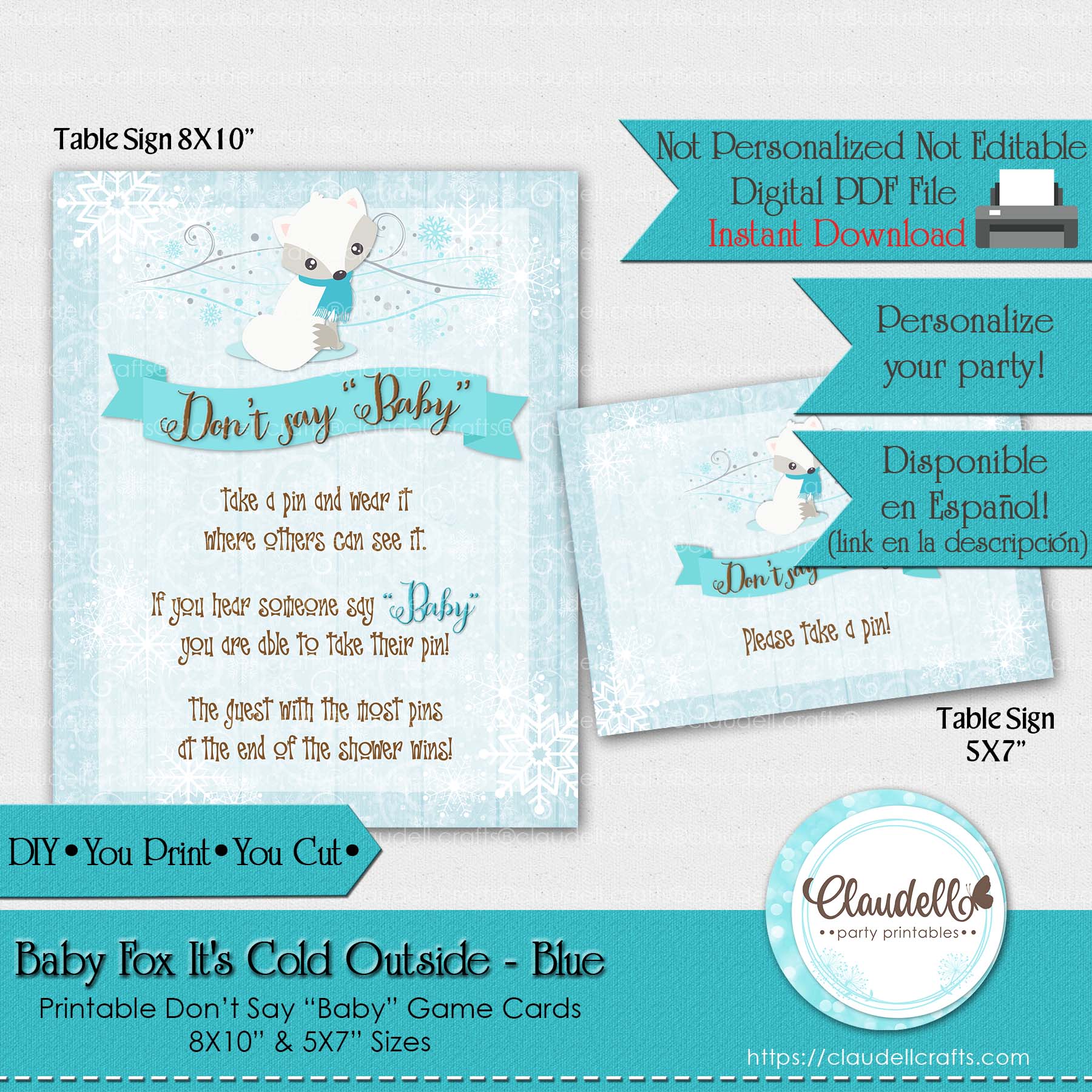 Baby Fox Its Cold Outside - Blue Dont Say Baby Shower Game Card/Digital File Only