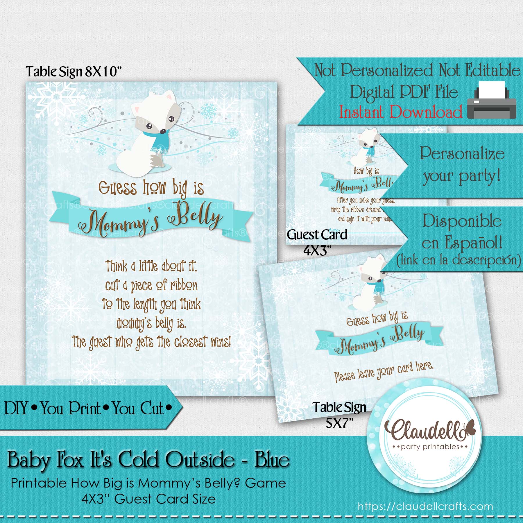 Baby Fox Its Cold Outside - Blue Mommys Belly Baby Shower Game Card/Digital File Only