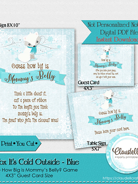 Baby Fox Its Cold Outside - Blue Mommys Belly Baby Shower Game Card/Digital File Only
