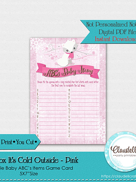 Baby Fox Its Cold Outside - Pink ABC Baby Item Baby Shower Game Card/Digital File Only