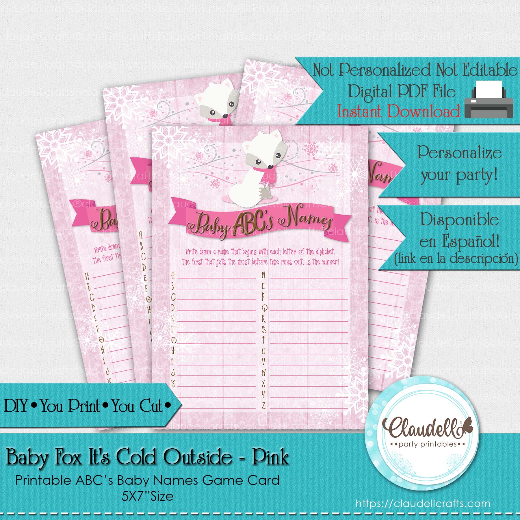 Baby Fox Its Cold Outside - Pink ABC Baby Names Baby Shower Game Card/Digital File Only
