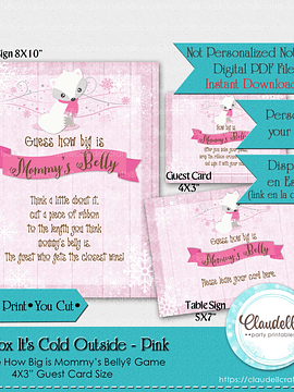 Baby Fox Its Cold Outside - Pink Mommys Belly Baby Shower Game Card/Digital File Only