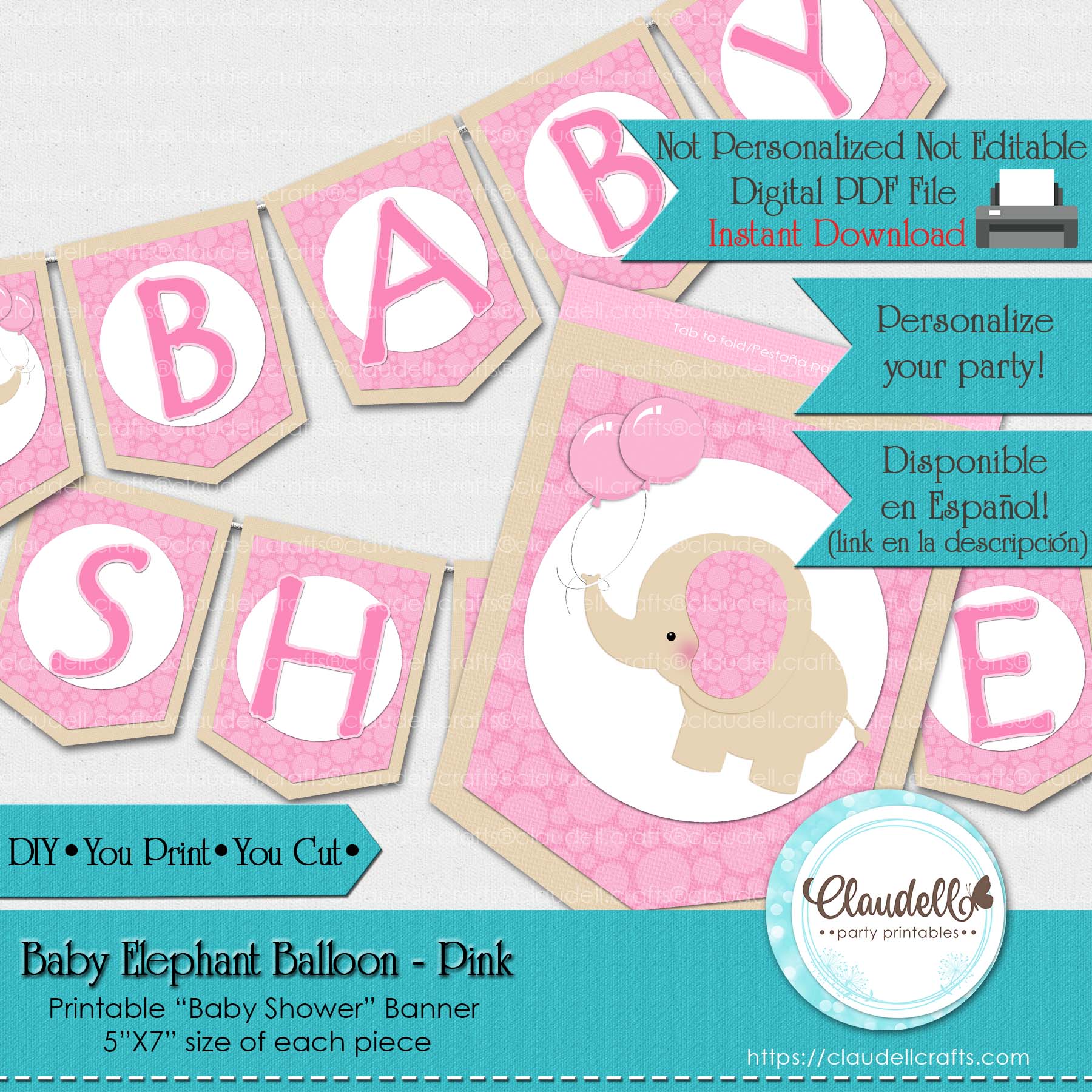 Baby Elephant - Pink Baby Shower Banner Elephant Baby Shower/Digital File Only