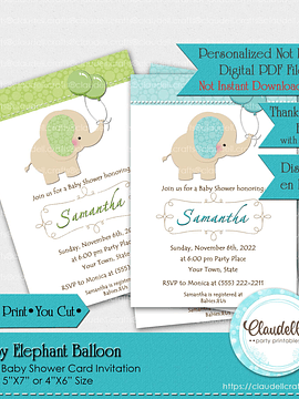 Baby Elephant - Aqua Blue Green Baby Shower Invitation Card/Digital File Only