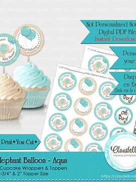 Baby Elephant - Aqua Baby Shower Cupcake Topper & Wrapper Party Favors/Digital File Only
