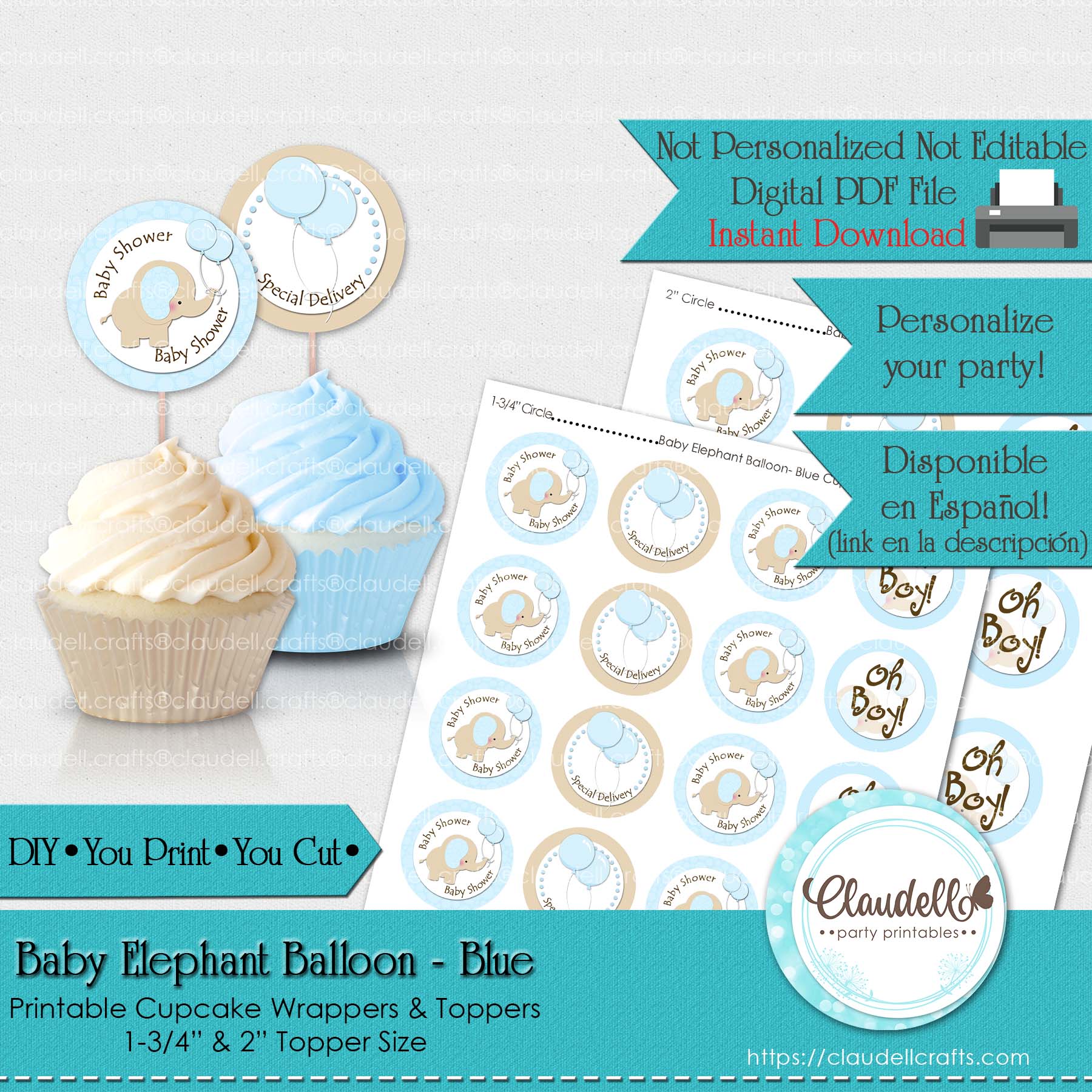 Baby Elephant - Blue Baby Shower Cupcake Topper & Wrapper Party Favors/Digital File Only