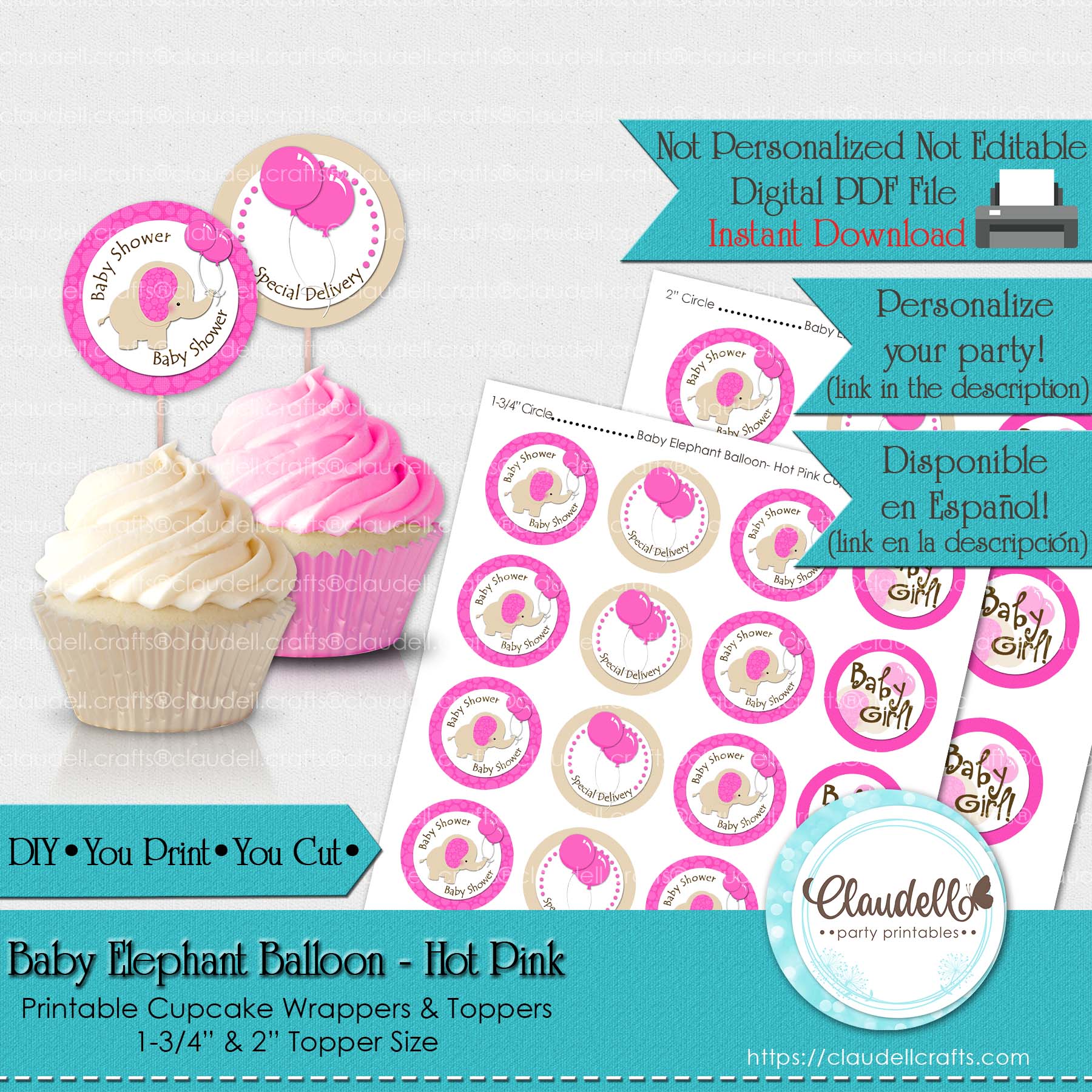Baby Elephant - Hot Pink Baby Shower Cupcake Topper & Wrapper Party Favors/Digital File Only