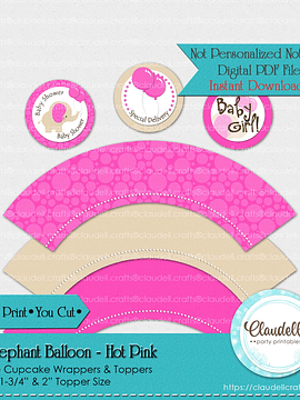Baby Elephant - Hot Pink Baby Shower Cupcake Topper & Wrapper Party Favors/Digital File Only