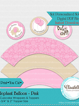 Baby Elephant - Pink Baby Shower Cupcake Topper & Wrapper Party Favors/Digital File Only