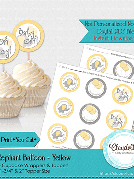 Baby Elephant - Yellow Baby Shower Cupcake Topper & Wrapper Party Favors/Digital File Only