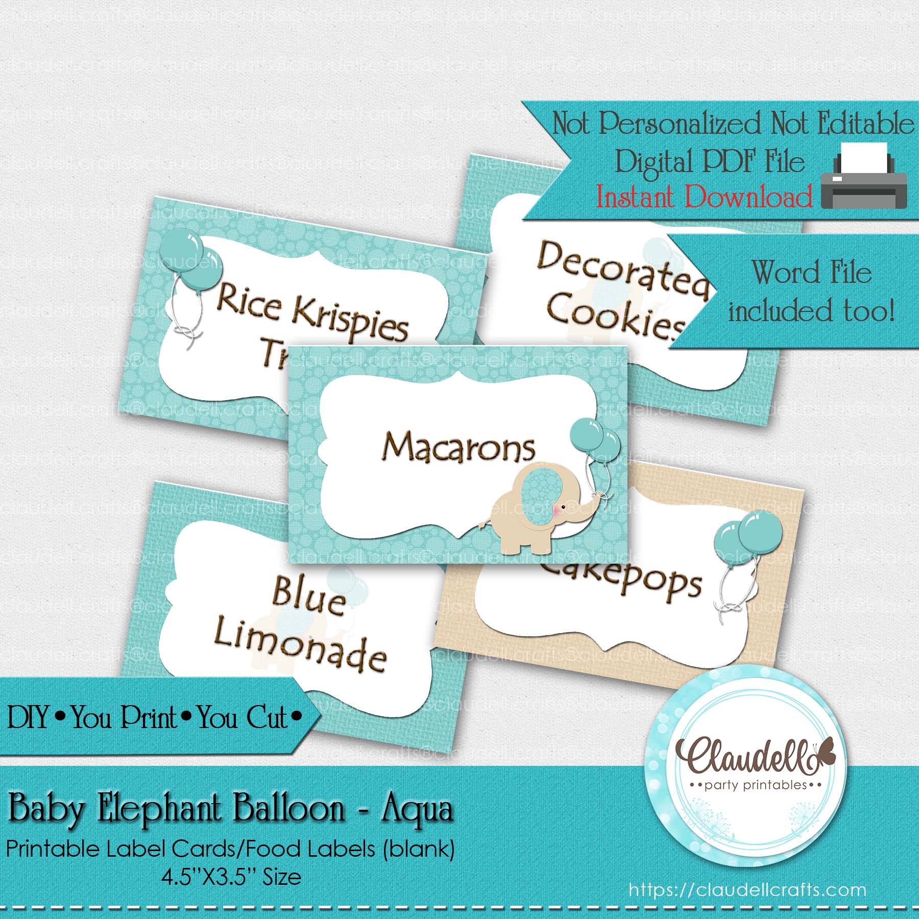 Baby Elephant - Aqua Baby Shower Label Cards Labels (Blank)/Food Labels/Seating Cards/Tent Cards/Digital File Only