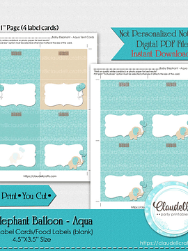 Baby Elephant - Aqua Baby Shower Label Cards Labels (Blank)/Food Labels/Seating Cards/Tent Cards/Digital File Only