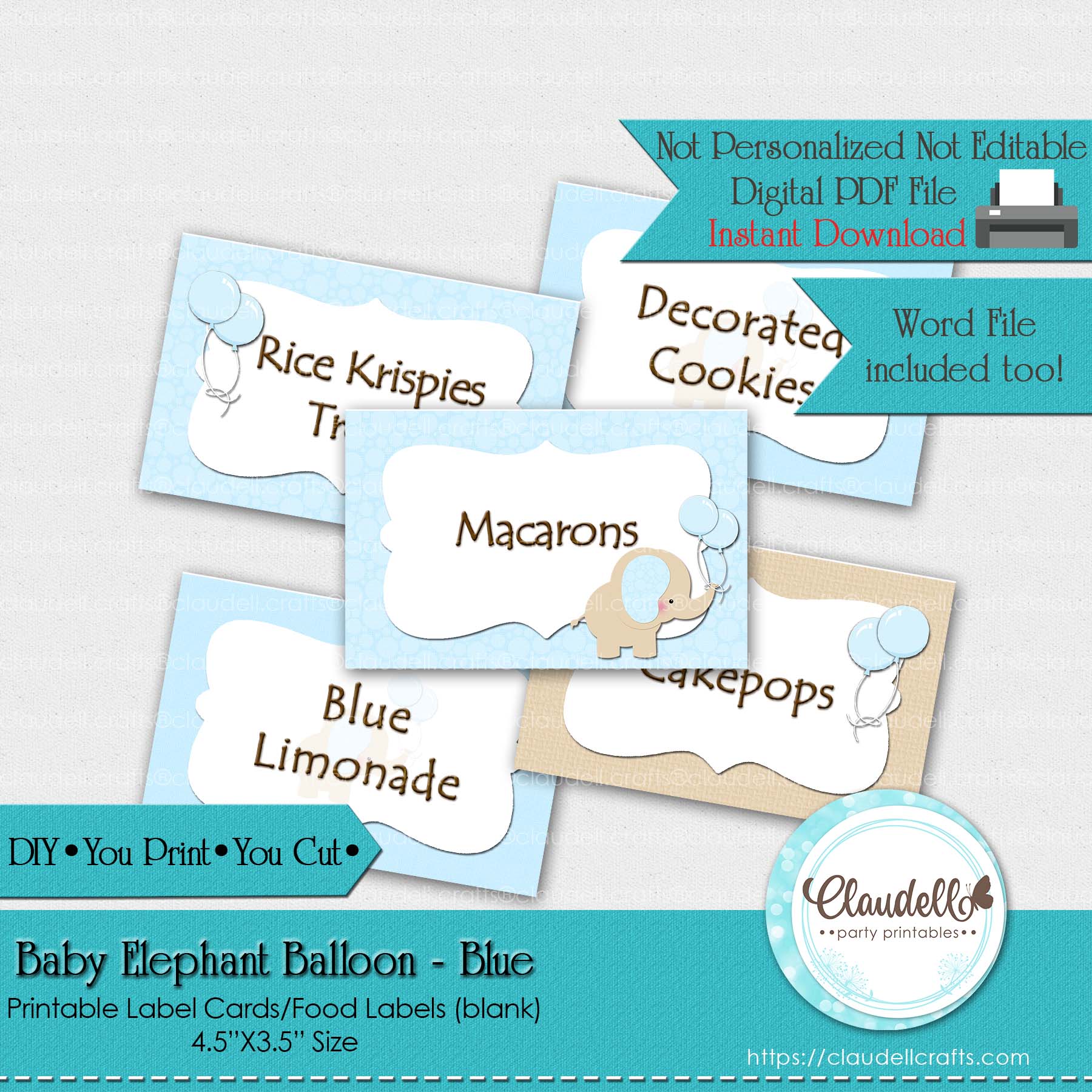 Baby Elephant - Blue Baby Shower Label Cards Labels (Blank)/Food Labels/Seating Cards/Tent Cards/Digital File Only