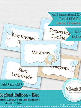 Baby Elephant - Blue Baby Shower Label Cards Labels (Blank)/Food Labels/Seating Cards/Tent Cards/Digital File Only