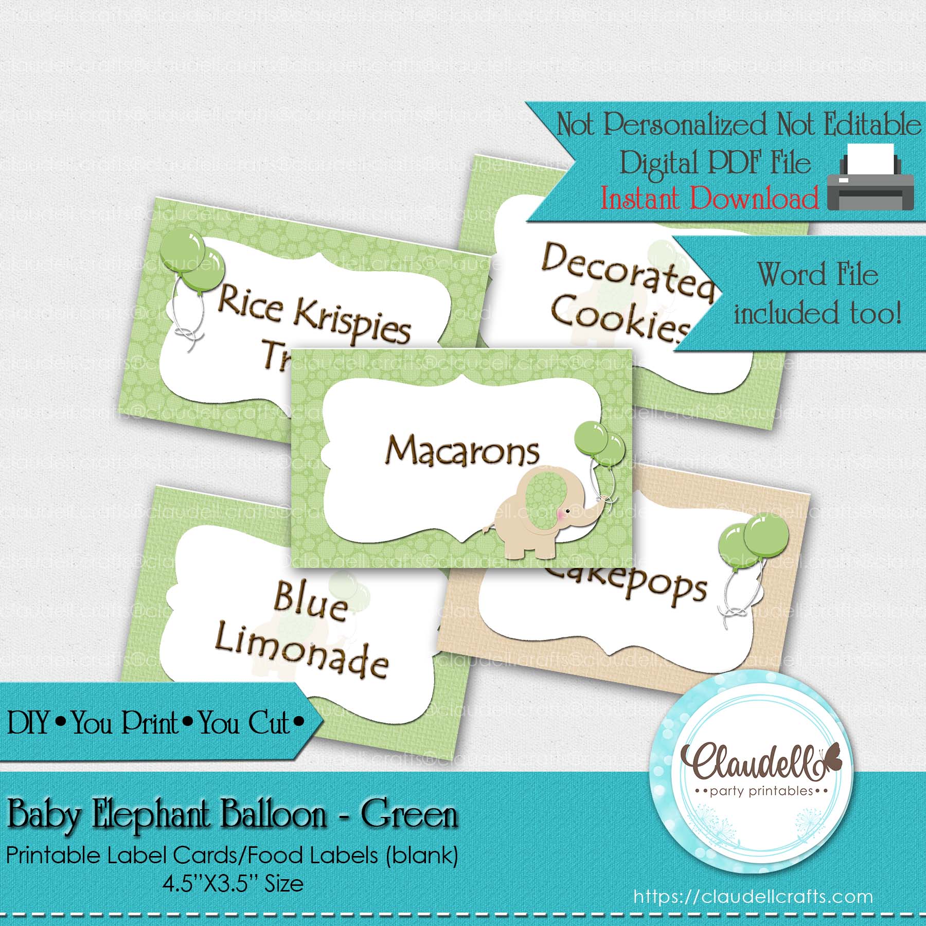 Baby Elephant - Green Baby Shower Label Cards Labels (Blank)/Food Labels/Seating Cards/Tent Cards/Digital File Only