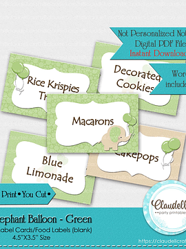 Baby Elephant - Green Baby Shower Label Cards Labels (Blank)/Food Labels/Seating Cards/Tent Cards/Digital File Only