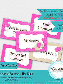 Baby Elephant - Hot Pink Baby Shower Label Cards Labels (Blank)/Food Labels/Seating Cards/Tent Cards/Digital File Only