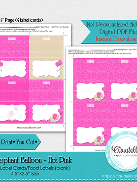 Baby Elephant - Hot Pink Baby Shower Label Cards Labels (Blank)/Food Labels/Seating Cards/Tent Cards/Digital File Only
