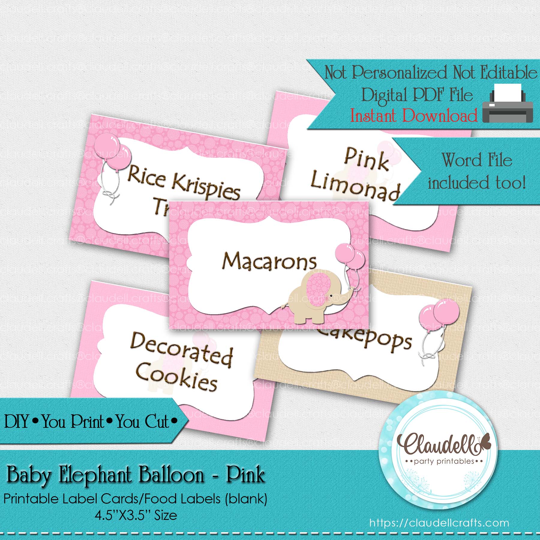 Baby Elephant - Pink Baby Shower Label Cards Labels (Blank)/Food Labels/Seating Cards/Tent Cards/Digital File Only