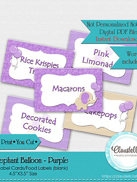 Baby Elephant - Purple Baby Shower Label Cards Labels (Blank)/Food Labels/Seating Cards/Tent Cards/Digital File Only