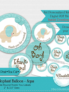 Baby Elephant - Aqua Baby Shower Thank You Round Labels Party Favors/Digital File Only