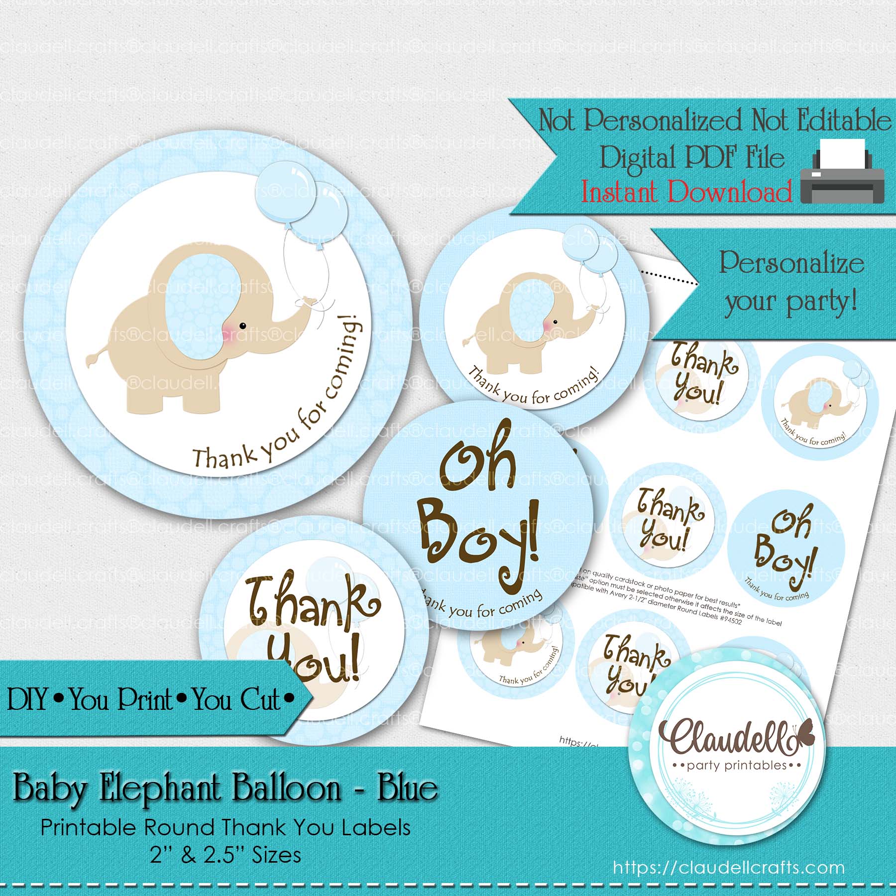 Baby Elephant - Blue Baby Shower Thank You Round Labels Party Favors/Digital File Only