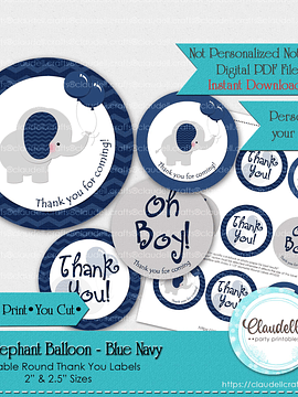 Baby Elephant - Blue Navy Baby Shower Thank You Round Labels Party Favors/Digital File Only