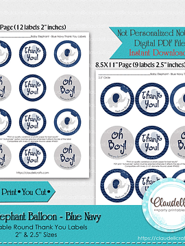 Baby Elephant - Blue Navy Baby Shower Thank You Round Labels Party Favors/Digital File Only