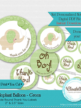 Baby Elephant - Green Baby Shower Thank You Round Labels Party Favors/Digital File Only