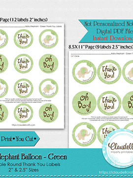 Baby Elephant - Green Baby Shower Thank You Round Labels Party Favors/Digital File Only