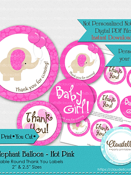 Baby Elephant - Hot Pink Baby Shower Thank You Round Labels Party Favors/Digital File Only