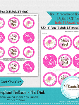 Baby Elephant - Hot Pink Baby Shower Thank You Round Labels Party Favors/Digital File Only