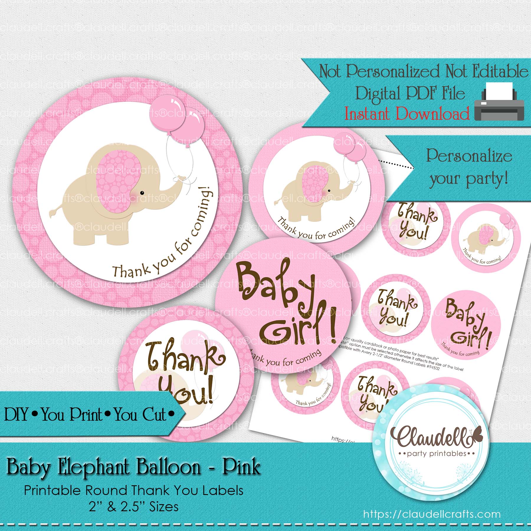 Baby Elephant - Pink Baby Shower Thank You Round Labels Party Favors/Digital File Only