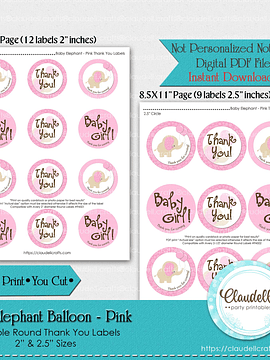 Baby Elephant - Pink Baby Shower Thank You Round Labels Party Favors/Digital File Only